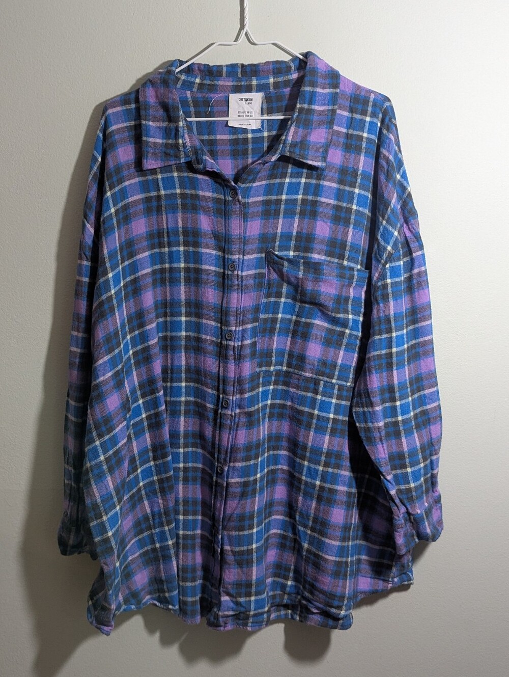 Cotton:On Curve Women's 18 Oversized Plaid Shirt Purple Blue Flannel Button Up